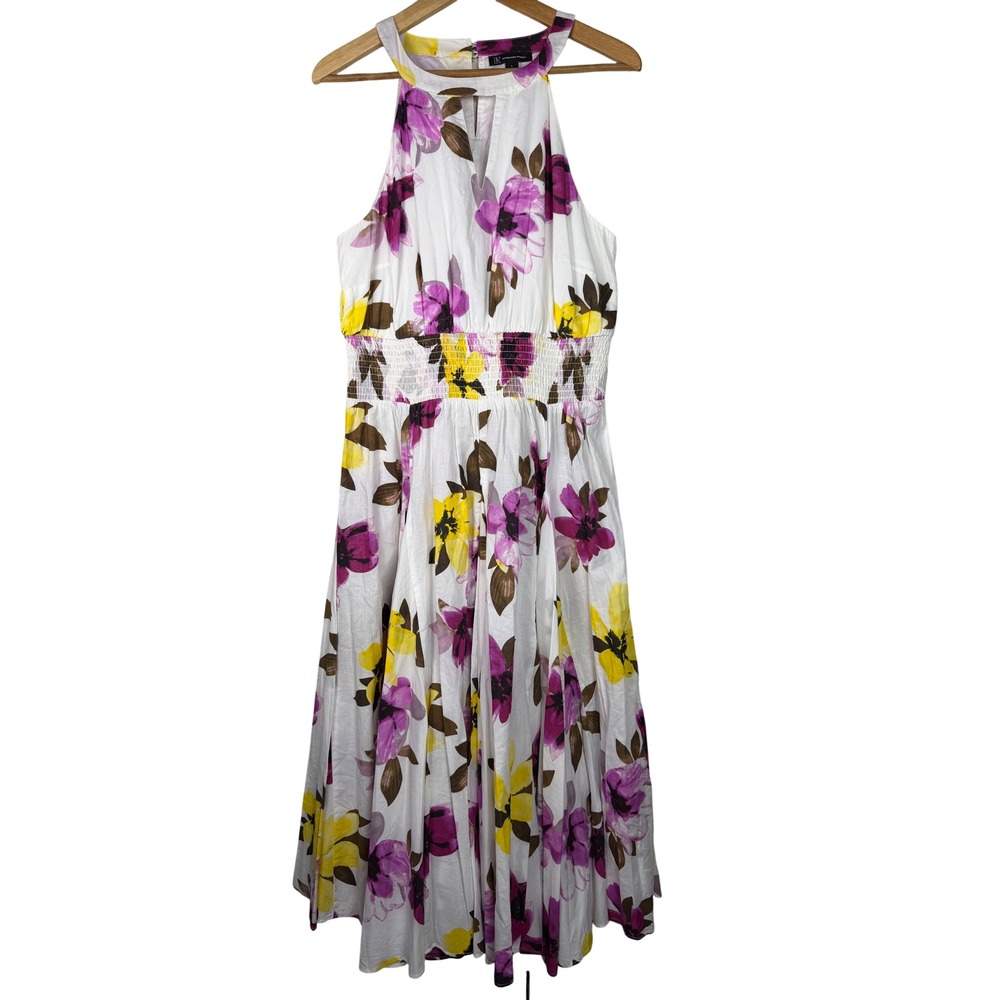 INC International Concepts Midi Dress Womens White Purple Floral Halter Smocked